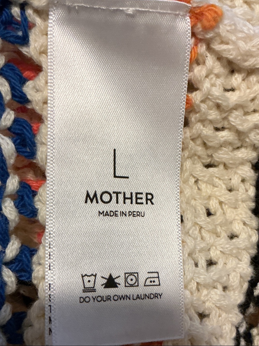 MOTHER Cream Crochet Crew Sweater with Blue and Orange Trim - Picture 3 of 9
